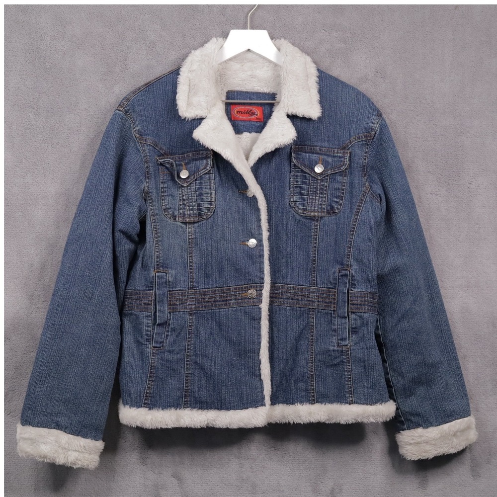 VTG Y2K Faux Fur Lined Denim‎ Jacket Sherpa Trucker Indie Retro Blue Sz XL
